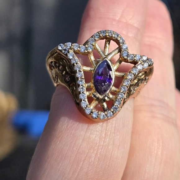 Amethyst & white Topaz Hamsa Sterling Bronze & Gold ring Sz8.5 - Picture 5 of 8